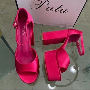 Dark Pink satin BARBIECORE Chunky Platform open toe high Heels sz 7